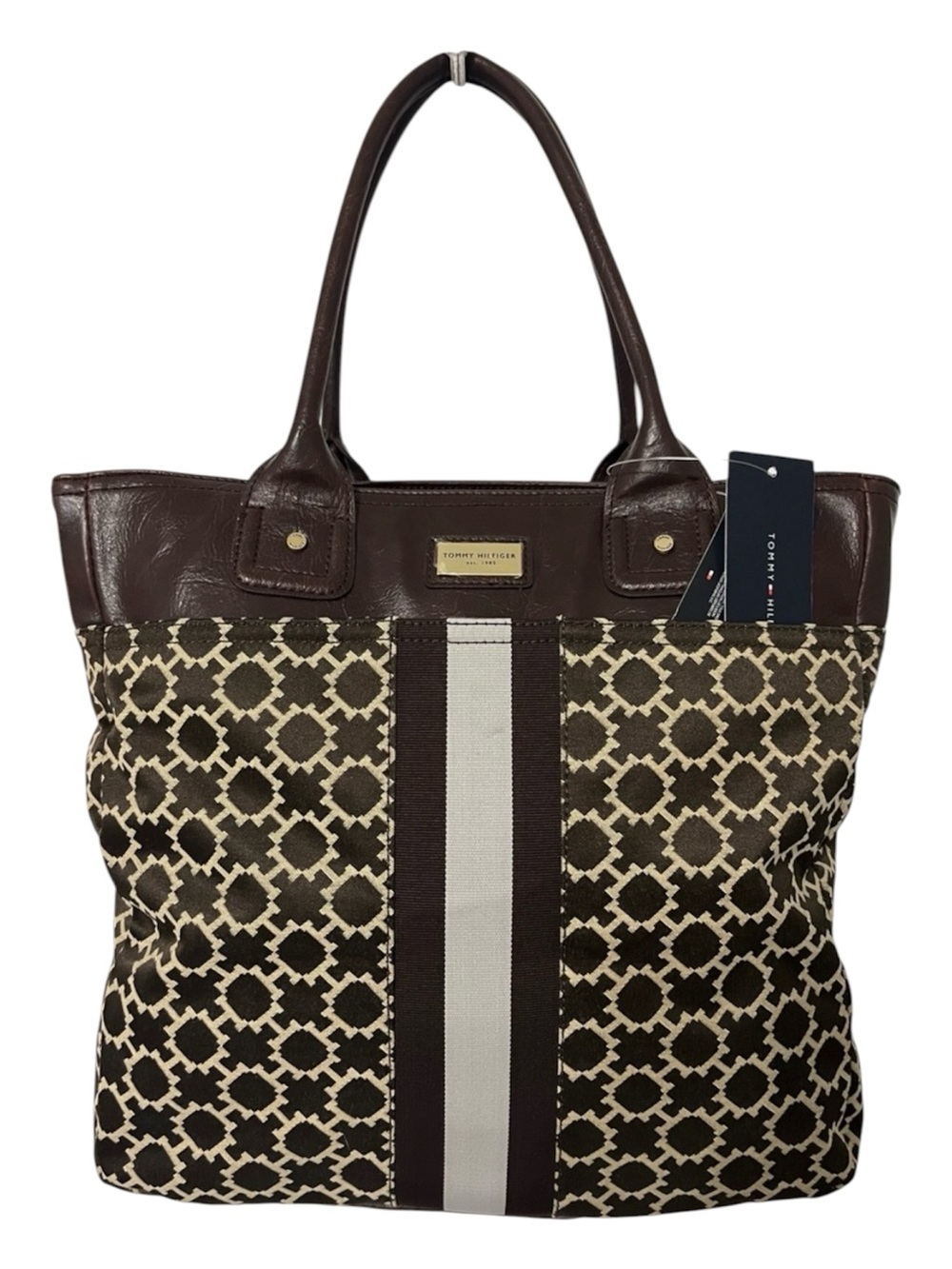 NWT Tommy Hilfiger Brown Patterned Tote Bag with Center Stripe and Logo Plate